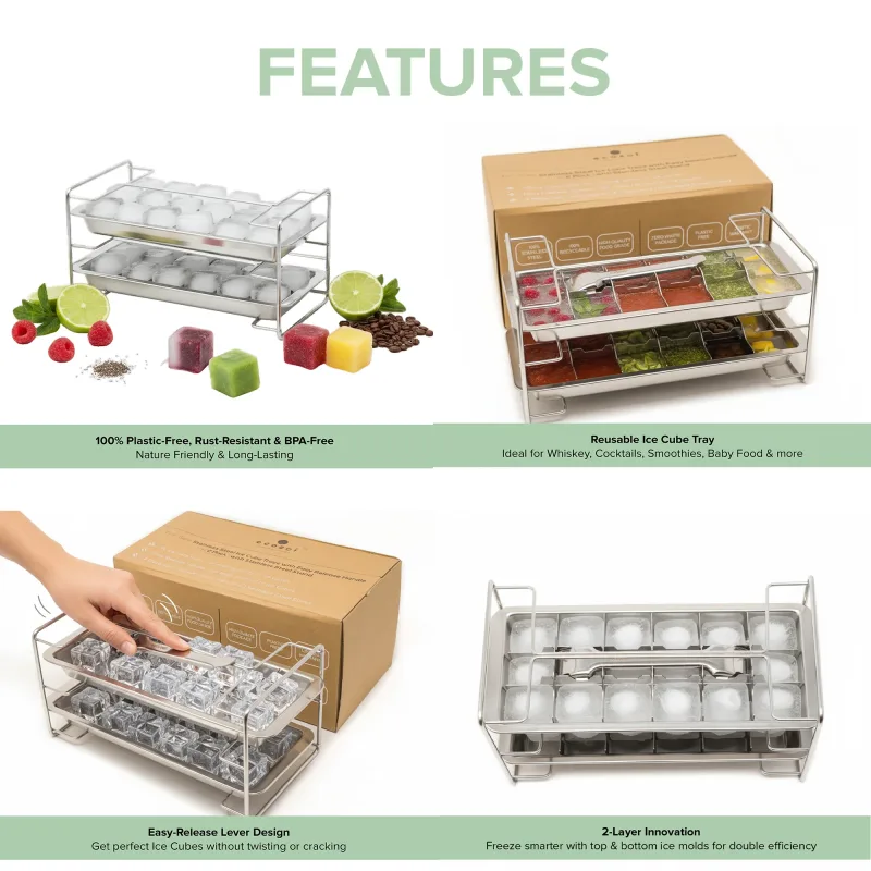 Stainless Steel Ice Cube Trays, Size Cubes with Easy Release Handle, 4 Pack, 72 Ice Cubes - UPC 860013630522 Standard