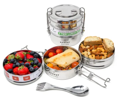 Fiambrera de acero inoxidable Ecozoi para colegio y oficina, redonda de 3 niveles con tenedor-cuchara, a prueba de fugas, 40 oz