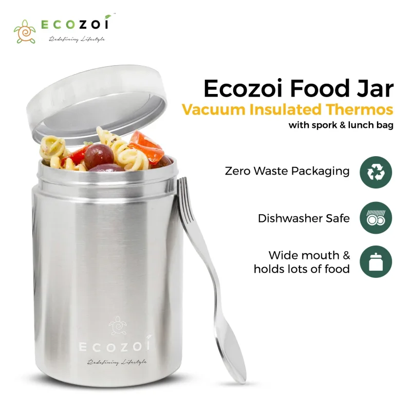 Ecozoi Stainless Steel Thermos Food Jar, Insulated Container with Spork and Lunch Bag, 17 oz
