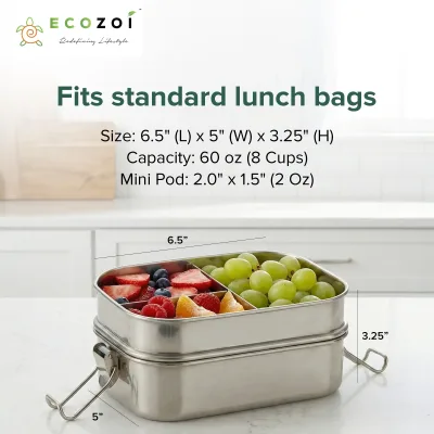 Edelstahl 2-stöckige auslaufsichere Bento-Lunchbox, 3 Fächer, 60 oz