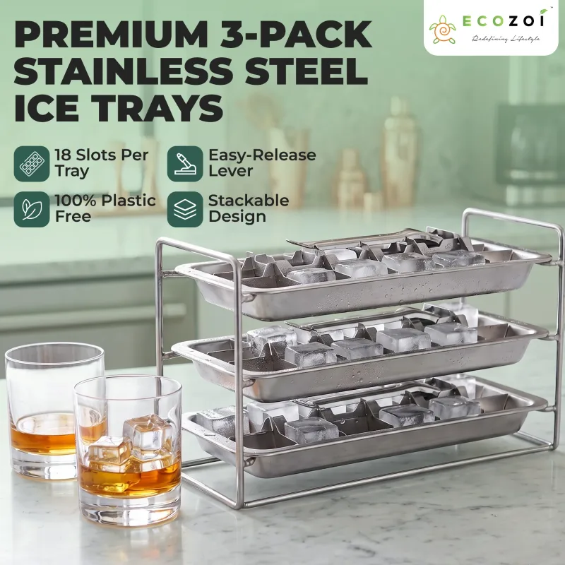 Ecozoi Old Fashioned Ice Cube Trays with Easy Release Handle, 3 Pack with Rack, Stainless Steel