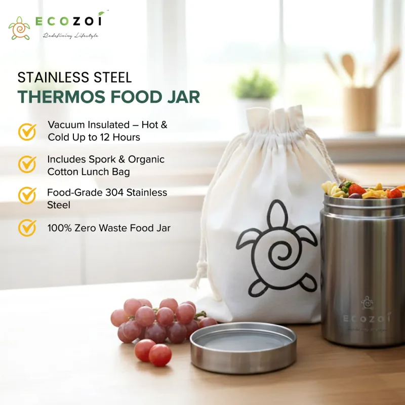 Ecozoi Stainless Steel Thermos Food Jar, Insulated Container with Spork and Lunch Bag, 12 oz