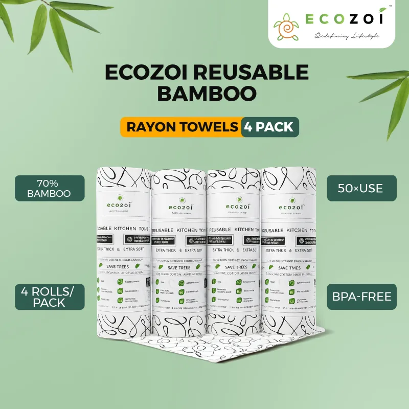 Bamboo Kitchen Paper Towels, Reusable Tree-Free Rolls with Black Design, 4 Pack