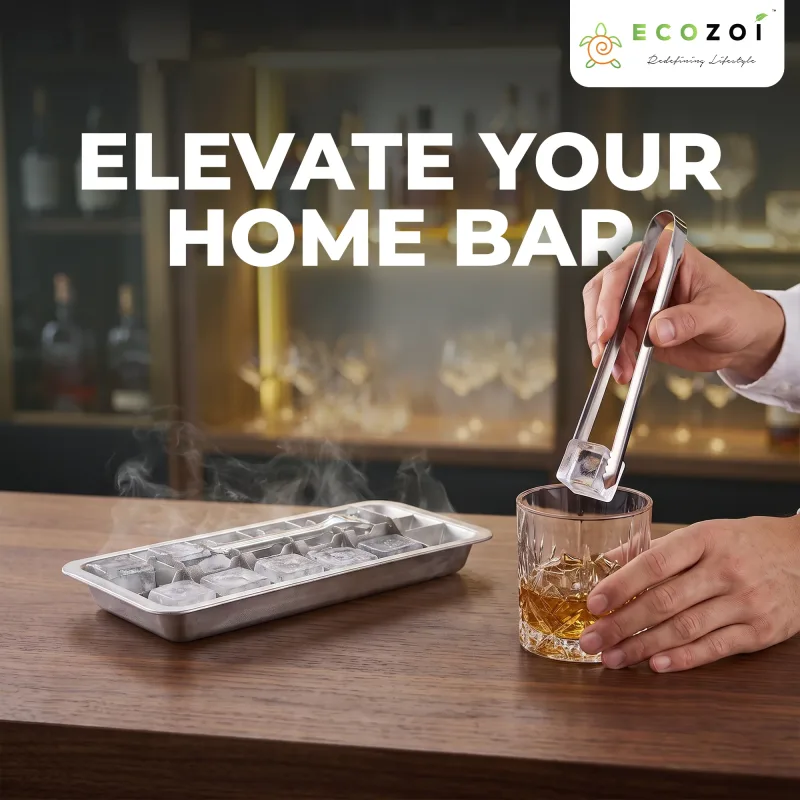 Ecozoi Old Fashioned Ice Cube Trays with Easy Release Handle, 3 Pack with Rack, Stainless Steel