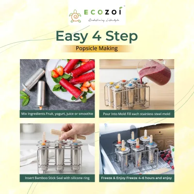 Ecozoi Stainless Steel Popsicle Molds with Sticks, Round & Reusable, Bamboo, Ice Cream Bars