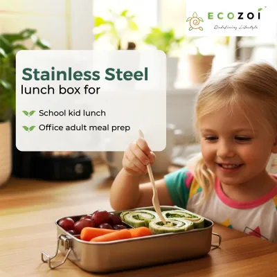 Ecozoi Stainless Steel Bento Lunch Box, 3 Compartment Tiffin Containers, Leakproof, 50 Oz