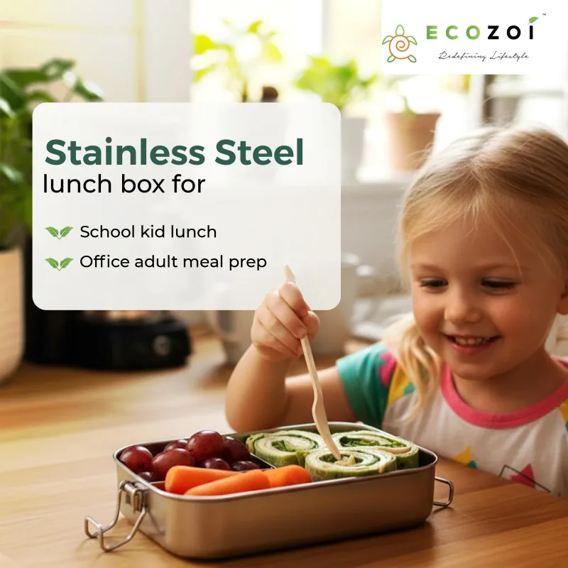 Ecozoi Stainless Steel Bento Lunch Box, 3 Compartment Tiffin Containers, Leakproof, 50 Oz