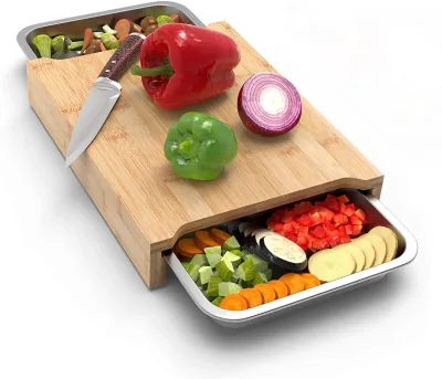 Ecozoi Wooden Cutting Boards for Kitchen, Bamboo Cutting Board with 2 Organizing Stainless Steel Trays, Beige