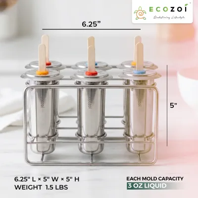 Ecozoi Stainless Steel Popsicle Molds with Sticks, Round & Reusable, Bamboo, Ice Cream Bars