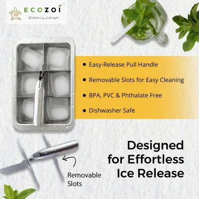 Ecozoi Stainless Steel Ice Trays for Freezer, 12 Large Cubes with Easy Release, 2 Pack