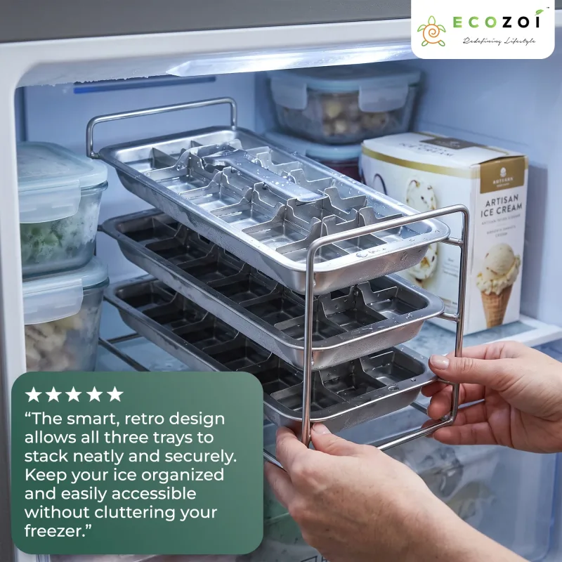 Ecozoi Old Fashioned Ice Cube Trays with Easy Release Handle, 3 Pack with Rack, Stainless Steel