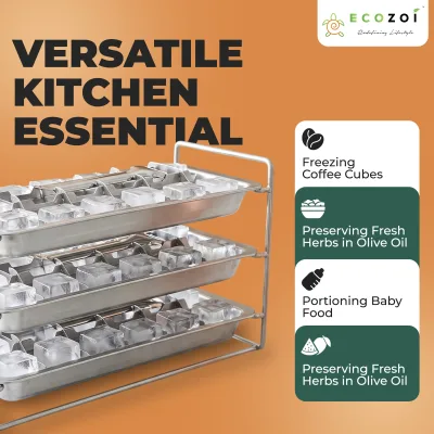 Ecozoi Old Fashioned Ice Cube Trays with Easy Release Handle, 3 Pack with Rack, Stainless Steel