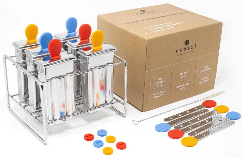 Ecozoi Stainless Steel Ice Pop Molds and Rack, Ice Cream Molds with Reusable Stainless Steel Sticks
