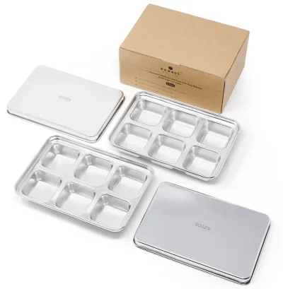 Ecozoi Stainless Steel Ice Trays for Freezer, Rectangular Shape 12 Large Cubes with Lid, 2 Pack