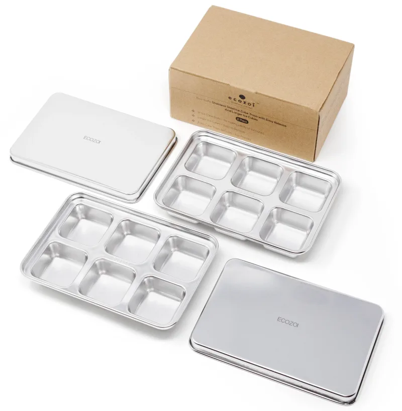 Ecozoi Stainless Steel Ice Trays for Freezer, Rectangular Shape 12 Large Cubes with Lid, 2 Pack