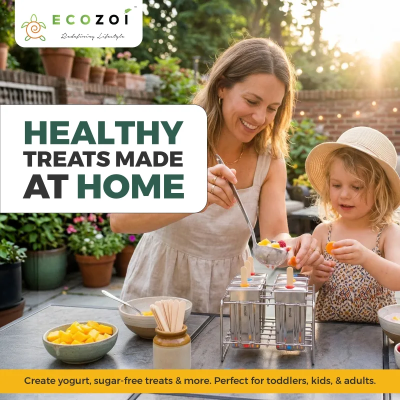 Ecozoi Stainless Steel Ice Pop Molds, Square Shape with Reusable Bamboo Sticks