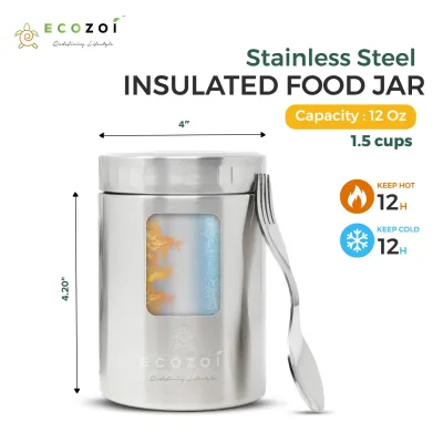 Ecozoi Stainless Steel Thermos Food Jar, Insulated Container with Spork and Lunch Bag, 12 oz