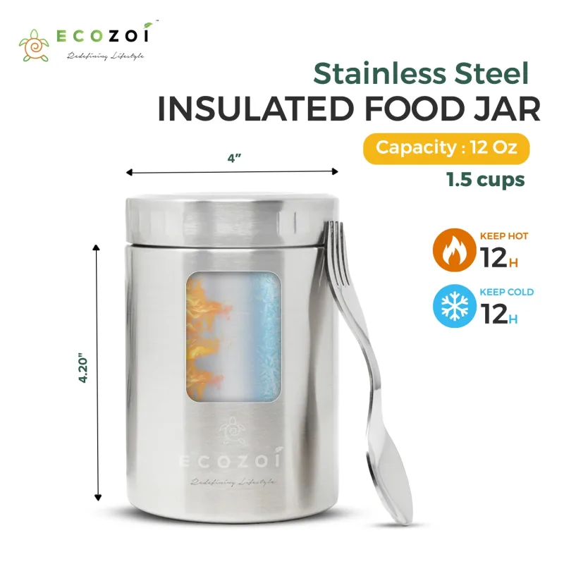 Ecozoi Stainless Steel Thermos Food Jar, Insulated Container with Spork and Lunch Bag, 12 oz
