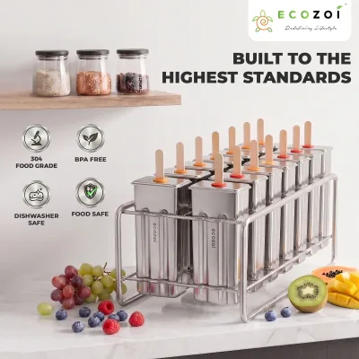 Ecozoi Stainless Steel Popsicle Molds, 14 Piece Set with Standing Rack, 50 Bamboo Sticks, 28 Silicone Seals, Cleaning Brush, 3 Ounce