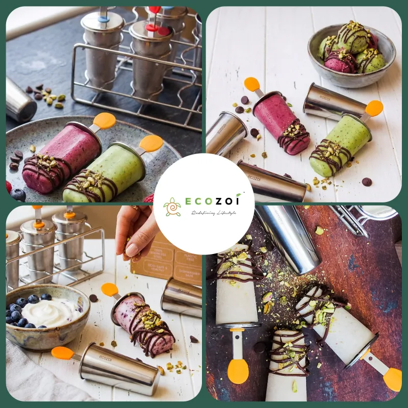 Ecozoi Stainless Steel Ice Pop Molds and Rack, Ice Cream Molds and Rounds with Reusable Stainless Steel Sticks