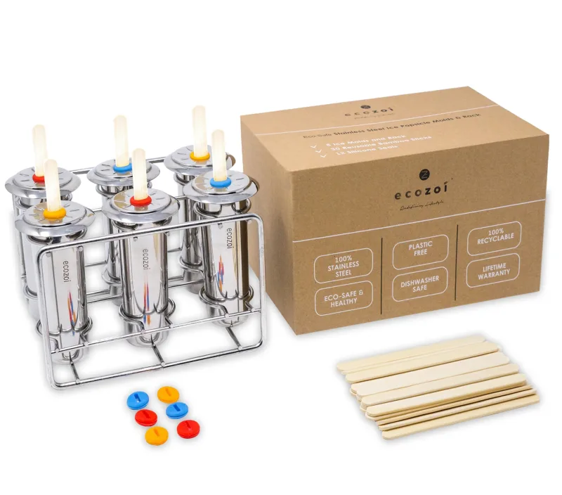 Ecozoi Stainless Steel Popsicle Molds with Sticks, Round & Reusable, Bamboo, Ice Cream Bars