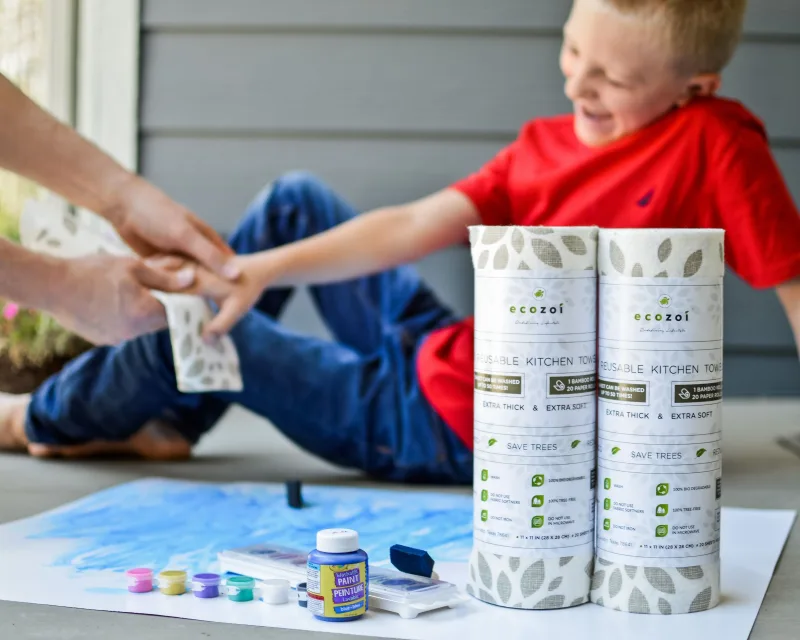 Ecozoi Bamboo Reusable Paper Towels for Kitchen, Tree-Free Rolls with Design, 4 Pack