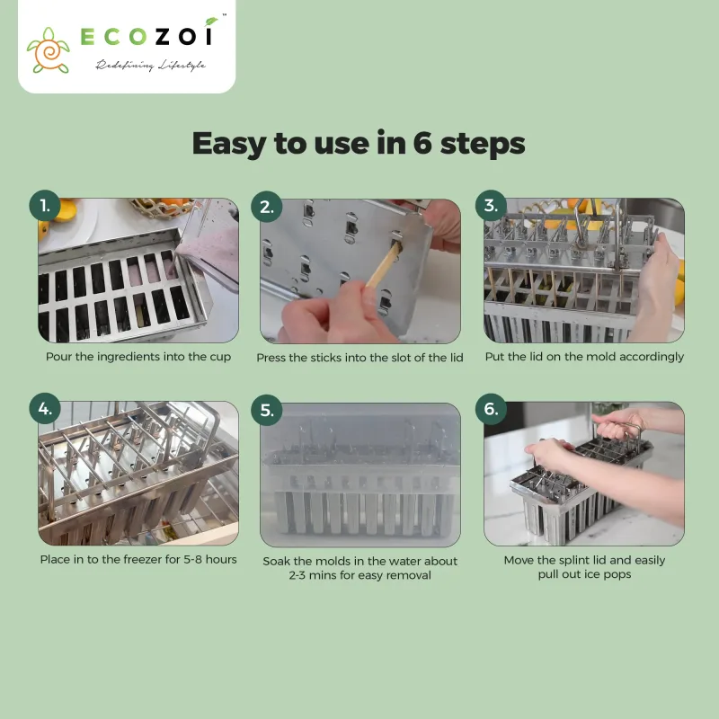 Ecozoi Stainless Steel Popsicle Molds with Sticks, Reusable, Bamboo, 50 Count, 20 Square
