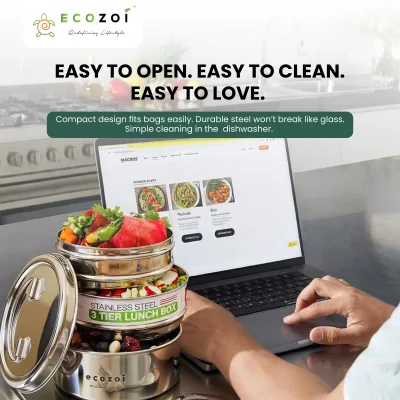Fiambrera de acero inoxidable Ecozoi para colegio y oficina, redonda de 3 niveles con tenedor-cuchara, a prueba de fugas, 40 oz