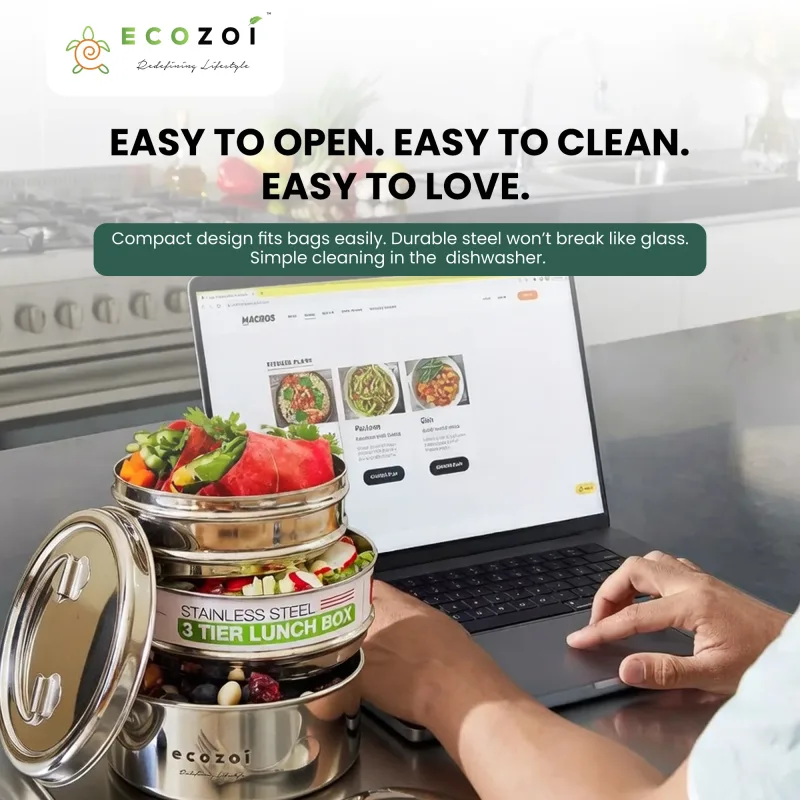 Fiambrera de acero inoxidable Ecozoi para colegio y oficina, redonda de 3 niveles con tenedor-cuchara, a prueba de fugas, 40 oz