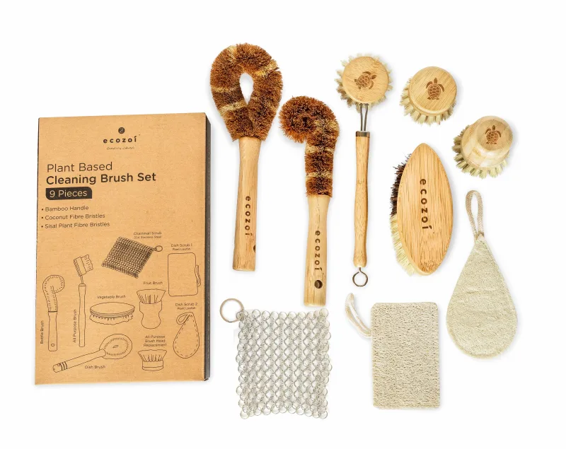 Set de cepillos de cocina Ecozoi, cepillo para platos zero waste, de origen vegetal, multiusos, 9 piezas