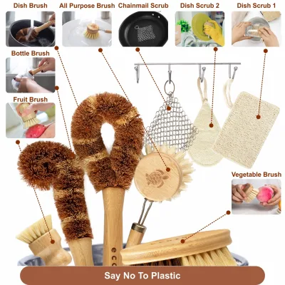 Set de cepillos de cocina Ecozoi, cepillo para platos zero waste, de origen vegetal, multiusos, 9 piezas