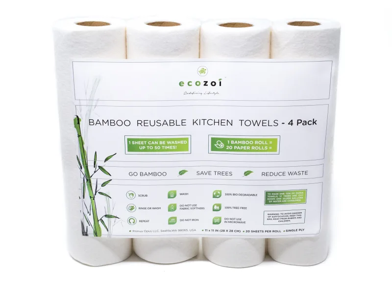 Ecozoi Bamboo Kitchen Paper, Reusable Paper Towels & Rolls, Tree-Free, 4-Pack