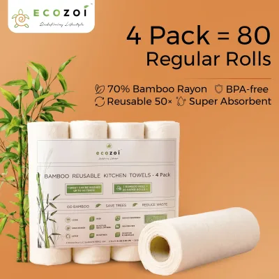Ecozoi Bamboe Keukenpapier, Herbruikbare Papieren Handdoekjes & Rollen, Boomvrij, 4-Pack