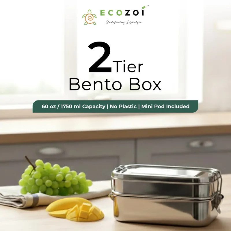 Stainless Steel 2-Tier Leak-Proof Bento Lunch Box, 3 Compartments, 60 oz