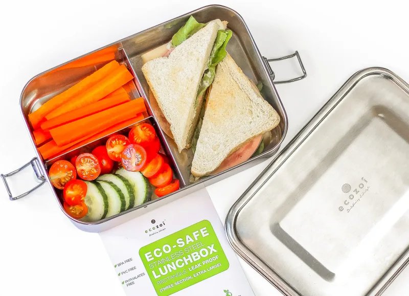 Ecozoi Stainless Steel Bento Lunch Box, 3 Compartment Tiffin Containers, Leakproof, 50 Oz