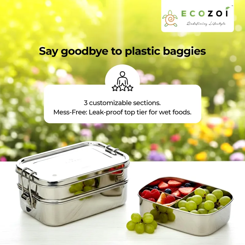 Edelstahl 2-stöckige auslaufsichere Bento-Lunchbox, 3 Fächer, 60 oz