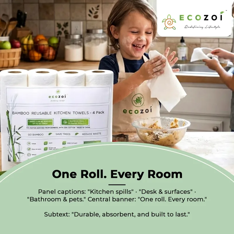 Ecozoi Bamboe Keukenpapier, Herbruikbare Papieren Handdoekjes & Rollen, Boomvrij, 4-Pack