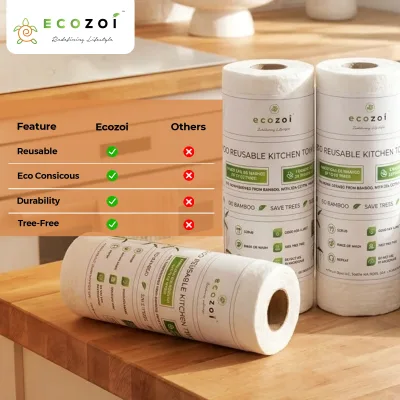 Ecozoi Bamboe Keukenpapier, Herbruikbare Papieren Handdoekjes & Rollen, Boomvrij, 4-Pack