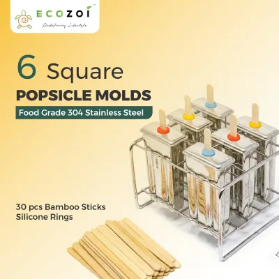 Ecozoi Stainless Steel Ice Pop Molds, Square Shape with Reusable Bamboo Sticks