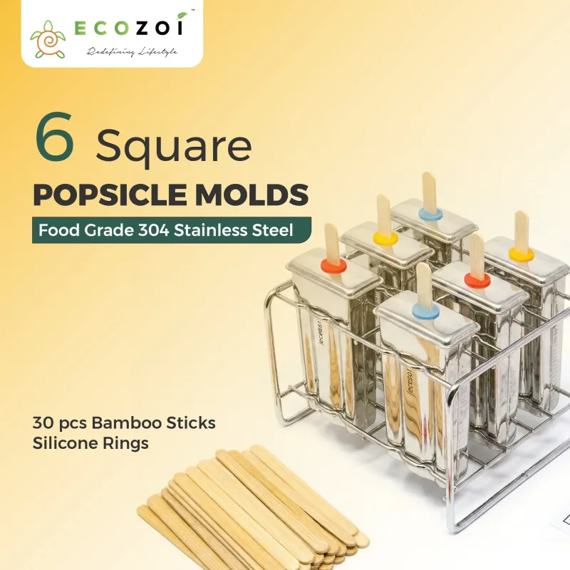 Ecozoi Stainless Steel Ice Pop Molds, Square Shape with Reusable Bamboo Sticks