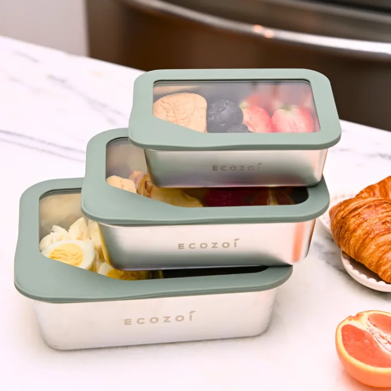 Ecozoi Stainless Steel Bento Box for Kids and Adults, 3 Piece Set, Stackable and Leak Proof, Microwave Safe
