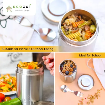 Ecozoi Stainless Steel Thermos Food Jar, Insulated Container with Spork and Lunch Bag, 17 oz