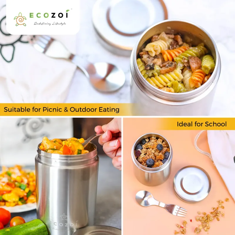 Ecozoi Stainless Steel Thermos Food Jar, Insulated Container with Spork and Lunch Bag, 17 oz