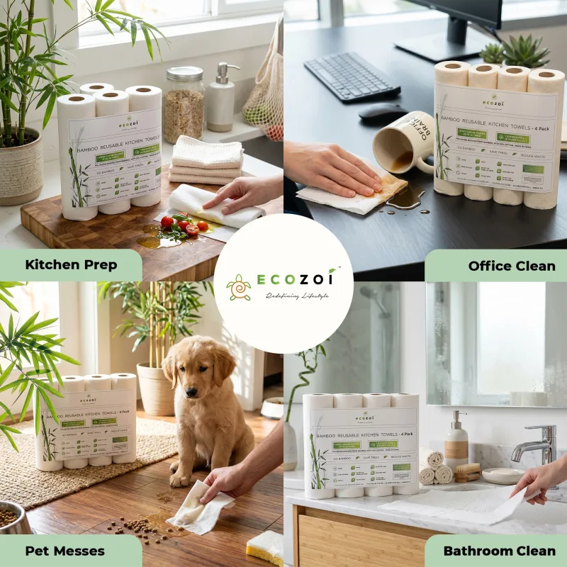 Ecozoi Bamboe Keukenpapier, Herbruikbare Papieren Handdoekjes & Rollen, Boomvrij, 4-Pack