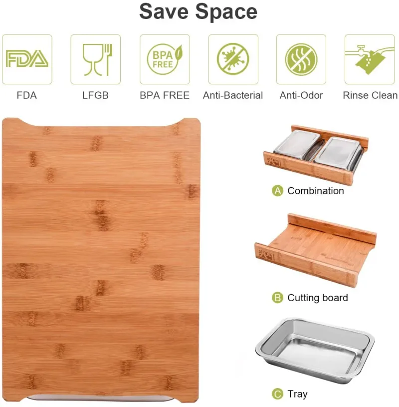 Ecozoi Wooden Cutting Boards for Kitchen, Bamboo Cutting Board with 2 Organizing Stainless Steel Trays, Beige