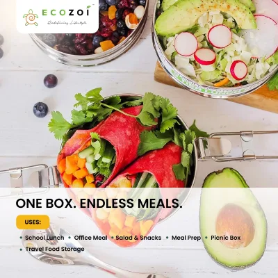Fiambrera de acero inoxidable Ecozoi para colegio y oficina, redonda de 3 niveles con tenedor-cuchara, a prueba de fugas, 40 oz