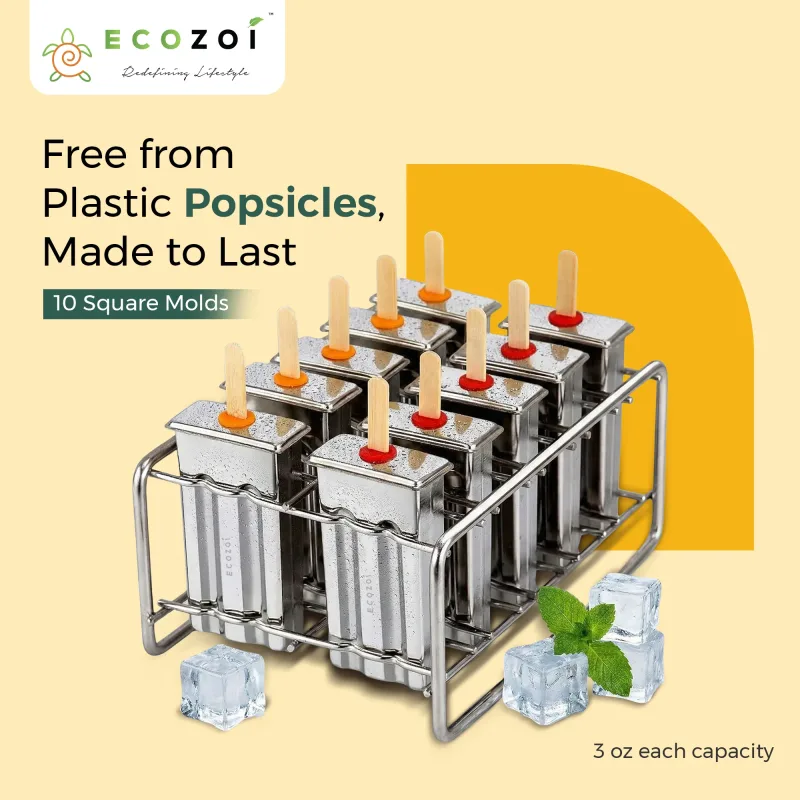 Ecozoi Stainless Steel Popsicle Molds with Sticks, Reusable, Bamboo, 50 Count, 10 Square