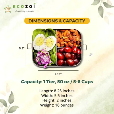 Ecozoi Stainless Steel Bento Lunch Box, 3 Compartment Tiffin Containers, Leakproof, 50 Oz