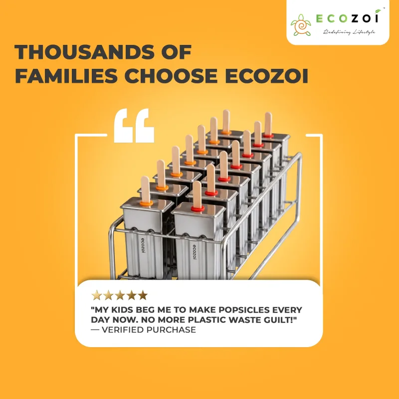 Ecozoi Stainless Steel Popsicle Molds, 14 Piece Set with Standing Rack, 50 Bamboo Sticks, 28 Silicone Seals, Cleaning Brush, 3 Ounce