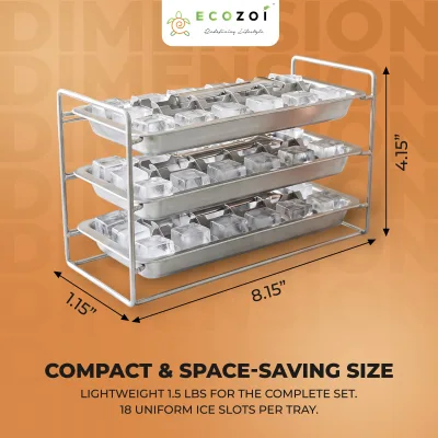 Ecozoi Old Fashioned Ice Cube Trays with Easy Release Handle, 3 Pack with Rack, Stainless Steel